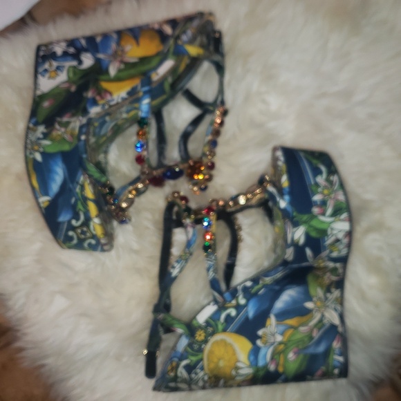 Dolce & Gabbana Multicolor Rhinestone Blue Floral Platform Wedge Sandal 6 1/2 - Picture 8 of 11